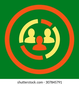 Demography diagram vector icon. This rounded flat symbol is drawn with orange and yellow colors on a green background.