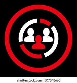 Demography diagram vector icon. This rounded flat symbol is drawn with red and white colors on a black background.