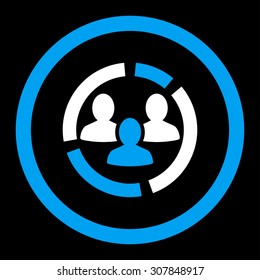 Demography diagram vector icon. This rounded flat symbol is drawn with blue and white colors on a black background.