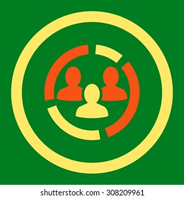 Demography diagram vector icon. This rounded flat symbol is drawn with orange and yellow colors on a green background.