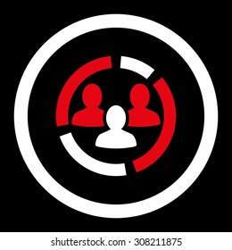 Demography diagram vector icon. This rounded flat symbol is drawn with red and white colors on a black background.