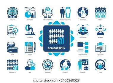 Conjunto de iconos de demografía. Estadística, Censo, Fecundidad, Mortalidad, Población, Investigación, Edad, Etnia. Iconos sólidos de color de duotono