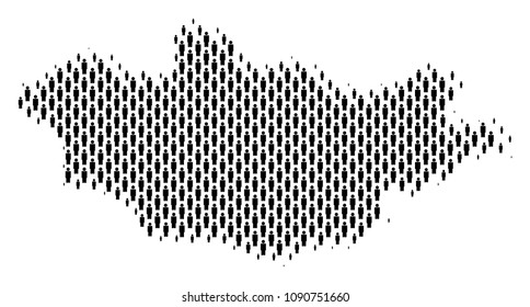 Demography Mongolia map people. Population vector cartography abstraction of Mongolia map constructed of human items. Social representation of national mass. Demographic abstract halftone map.