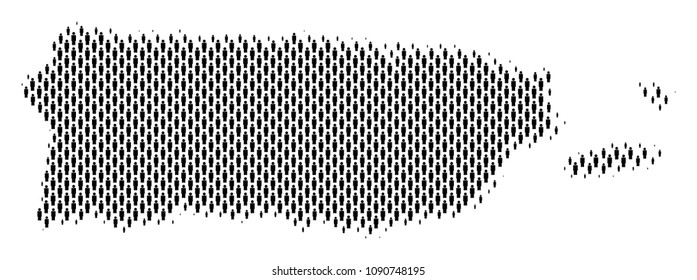 Demography Puerto Rico map people. Population vector cartography abstraction of Puerto Rico map constructed of men elements. Social plan of nation public. Demographic abstract halftone map.