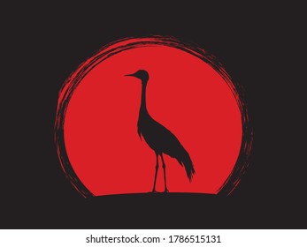 Demoiselle crane silhouette. Figure bird on sunset background.