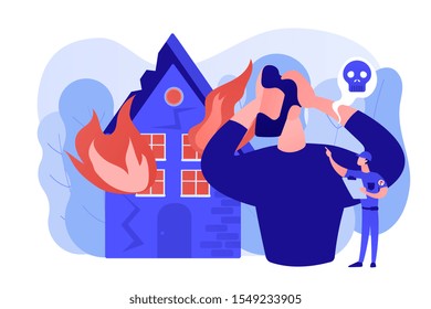 Demolished house in flame, natural disaster. Uninsured burnt property damages. Fire consequences, fire hazards losses, fire victims found concept. Pinkish coral bluevector isolated illustration