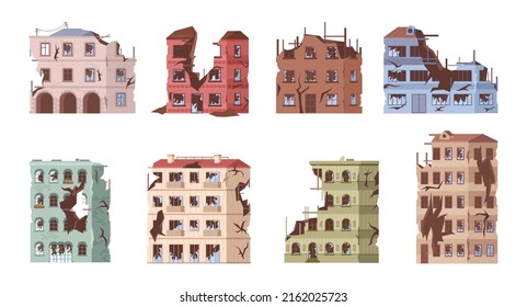 Demolished multi story buildings and residential houses, destroyed homes and architectural constructions and sights. Street of city, town, or metropolis with damage done. Vector illustration