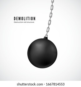 Demolition ball on chain in motion. Heavy black wrecking ball for buildings destruction. Vector