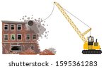Demolition of a building. Destruction of the house with the help of an excavator. Dismantling of an old building. Vector illustration. Isolated on a white background.