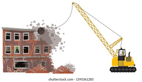 Demolition of a building. Destruction of the house with the help of an excavator. Dismantling of an old building. Vector illustration. Isolated on a white background.