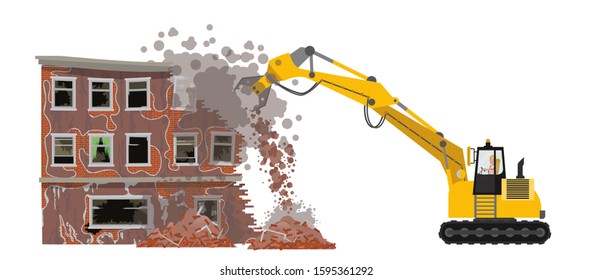 Demolition of a building. Destruction of the house with the help of an excavator. Dismantling of an old building. Vector illustration. Isolated on a white background.