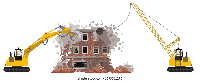 Demolition of a building. Destruction of the house with the help of an excavator. Dismantling of an old building. Vector illustration. Isolated on a white background.