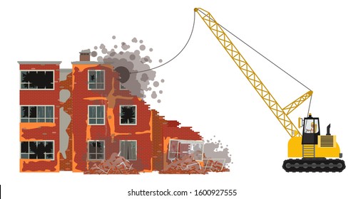 Demolition of a building. Destruction of the house with the help of an excavator. Dismantling of an old building. Vector illustration. Isolated on a white background.