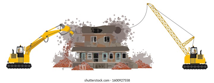 Demolition of a building. Destruction of the house with the help of an excavator. Dismantling of an old building. Vector illustration. Isolated on a white background.