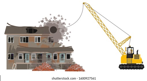 Demolition of a building. Destruction of the house with the help of an excavator. Dismantling of an old building. Vector illustration. Isolated on a white background.