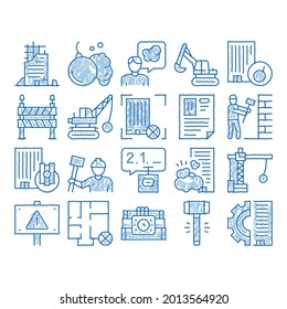 Demolition Building sketch icon vector. Hand drawn blue doodle line art Crane With Wrecking Ball And Fence, Hammer And Dynamite Construction Demolition Illustrations