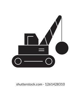 Demolition crane black vector concept icon. Demolition crane flat illustration, sign