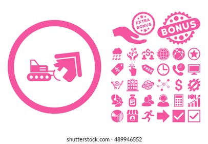 Demolition icon with bonus images. Vector illustration style is flat iconic symbols, pink color, white background.