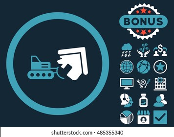 Demolition icon with bonus pictogram. Vector illustration style is flat iconic bicolor symbols, blue and white colors, dark blue background.