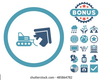 Demolition icon with bonus pictogram. Vector illustration style is flat iconic bicolor symbols, cyan and blue colors, white background.