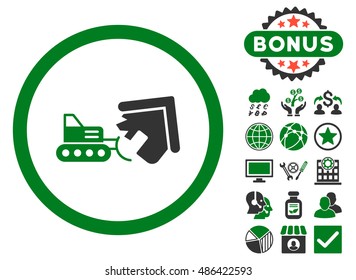 Demolition icon with bonus pictogram. Vector illustration style is flat iconic bicolor symbols, green and gray colors, white background.