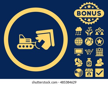 Demolition icon with bonus pictures. Vector illustration style is flat iconic symbols, yellow color, blue background.