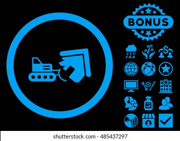Demolition icon with bonus symbols. Vector illustration style is flat iconic symbols, blue color, black background.
