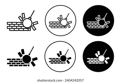 Demolition Icon. heavy weight metal ball wrecker crane to damage residential property wall breakdown symbol. scaffolding destroy of building vector set. Broken house dismantlement or demolition sign