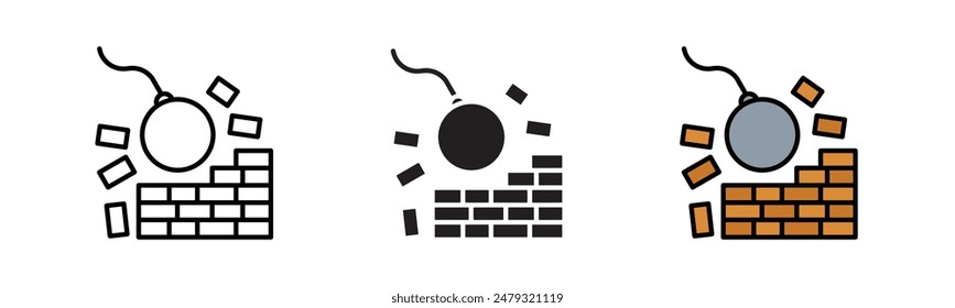 Demolition Icon. heavyweight metal ball wrecker crane to damage residential property wall breakdown symbol. black fill icon, colour fill icon