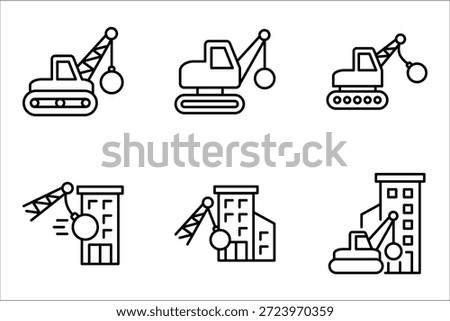 Demolition icon set. Demolition crane symbol with construction vector illustration on white background