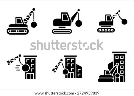 Demolition icon set. Demolition crane symbol with construction vector illustration on white background