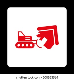 Demolition icon. Vector style is red and white colors, flat rounded square button on a black background.