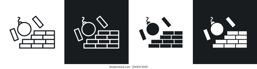 Demolition icons collection in black filled and line style.