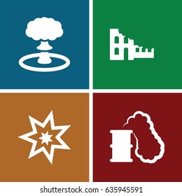 Demolition icons set. set of 4 demolition filled icons such as explosion, smoking can