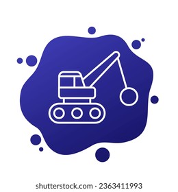 Demolition machine icon with wrecking ball, line vector