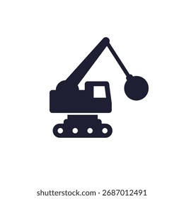 Abbruchmaschinensymbol mit einem Abrissball, Piktogramm auf Weiß