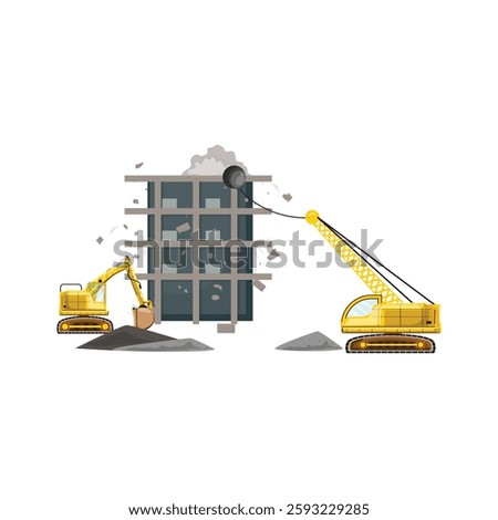  Demolition machinery tearing down old building