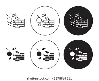 Demolition thin line icon set. industrial building wrecking vector symbol. demolish wall ball sign in black and white color