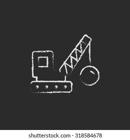 Demolition trailer hand drawn in chalk on a blackboard vector white icon isolated on a black background.