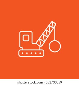 Demolition trailer line icon for web, mobile and infographics. Vector white icon isolated on red background.