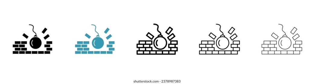 Demolition vector thin line icon set. industrial building wrecking vector symbol. demolish wall ball sign for web ui designs