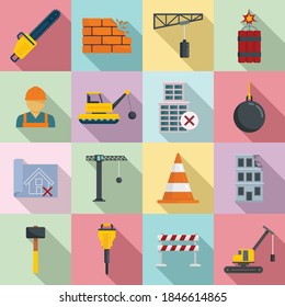 Demolition work icons set. Flat set of demolition work vector icons for web design