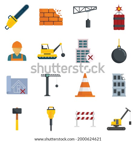 Demolition work icons set. Flat set of demolition work vector icons isolated on white background