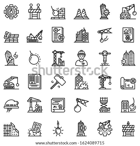 Demolition work icons set. Outline set of demolition work vector icons for web design isolated on white background