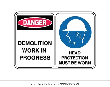 Demolition work in progress, Head Protection Must be worn - Multiple Safety Warning Signs - International Hazard, Danger, Prohibition, and Mandatory Signs