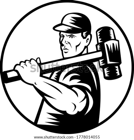 Demolition Worker Retro with Sledge Hammer Black and White