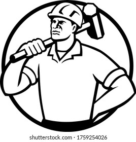 Demolition Worker with Sledgehammer Circle Retro Black and White