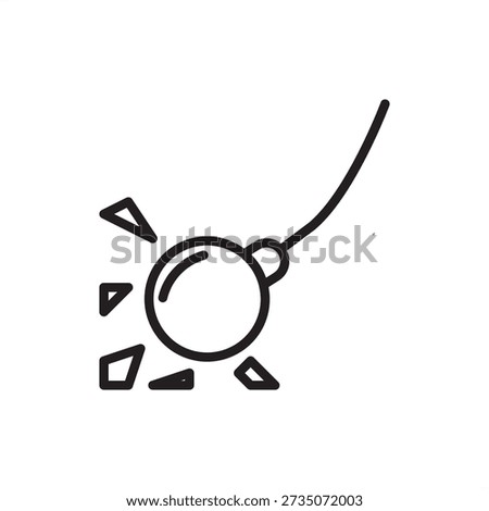 Demolition wrecking ball icon. Structural destruction and site clearance, representing heavy steel impact tools, mechanical masonry demolition, crane-operated weights, and urban renewal engineering.