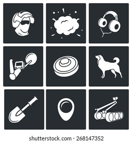 Demolitions, sapper icons: special forces, sapper, explosion, headphones, minesweeper, mine, dog, hound, Sapper shovel, pointer, robot. Vector Illustration.