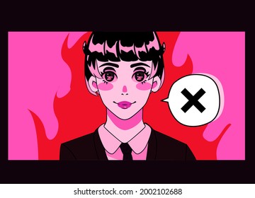 Niña de anime de demonio con grandes ojos brillantes y traje elegante con corbata. Ilustración vectorial al estilo de manga de arte pop.